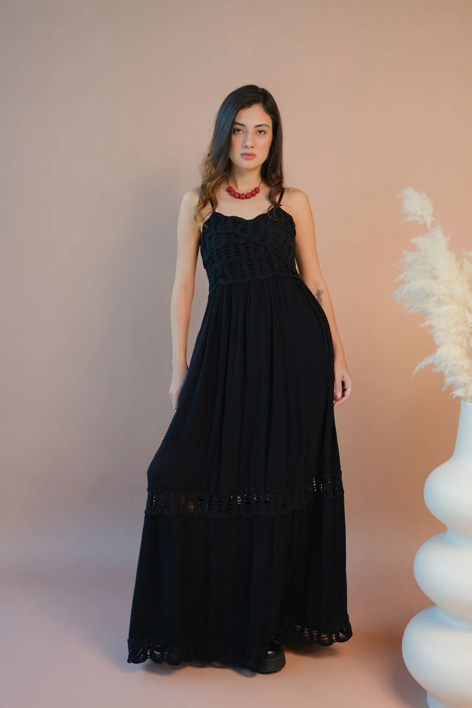 Nira Cotton Maxi Dress Strappy Lace Style