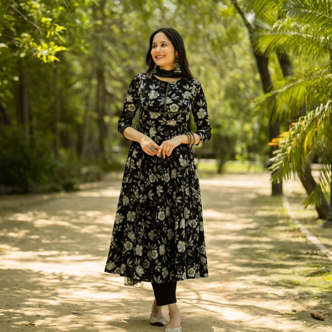 Cotton Floral Black Printed Anarkali Suit Set