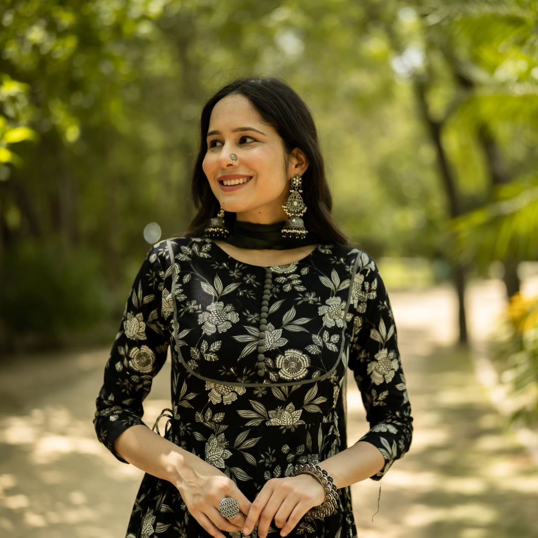 Cotton Floral Black Printed Anarkali Suit Set