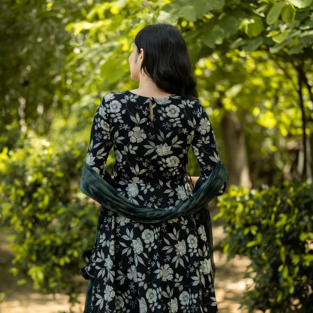 Cotton Floral Black Printed Anarkali Suit Set