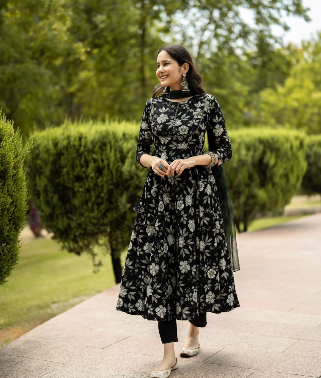 Cotton Floral Black Printed Anarkali Suit Set