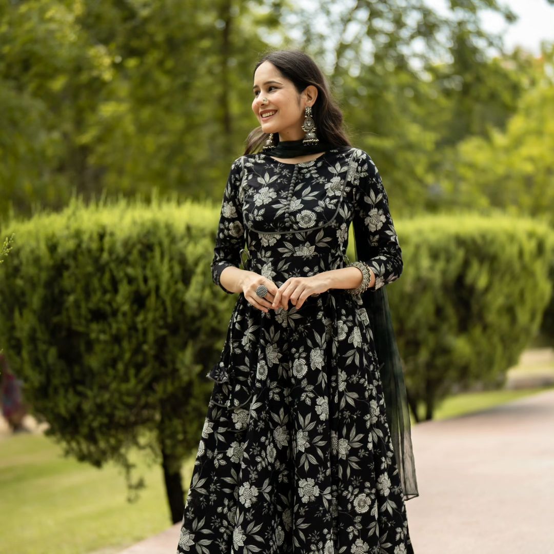 Cotton Floral Black Printed Anarkali Suit Set