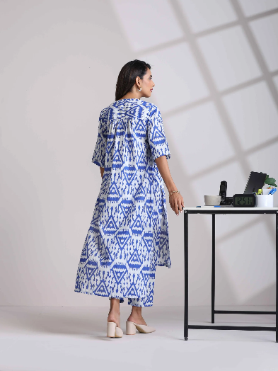 Blue Cotton Ikat High-Low Kurta Pant Set