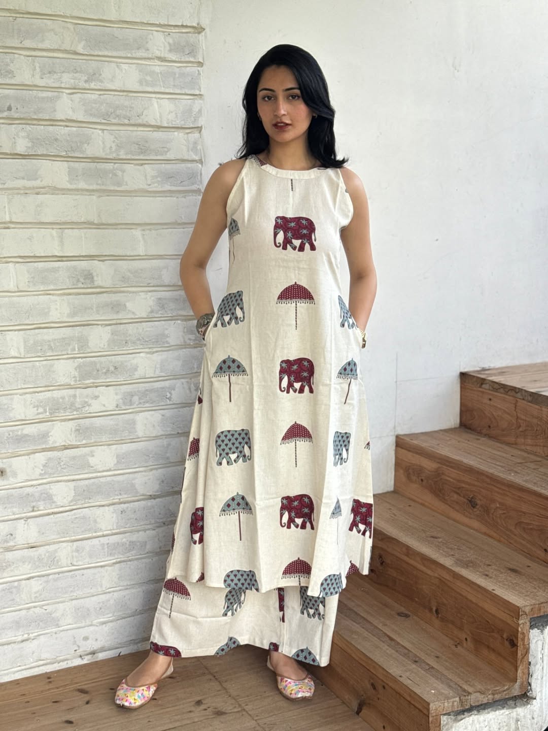 Elephant Hand Block Print A-line Cotton kurta Set