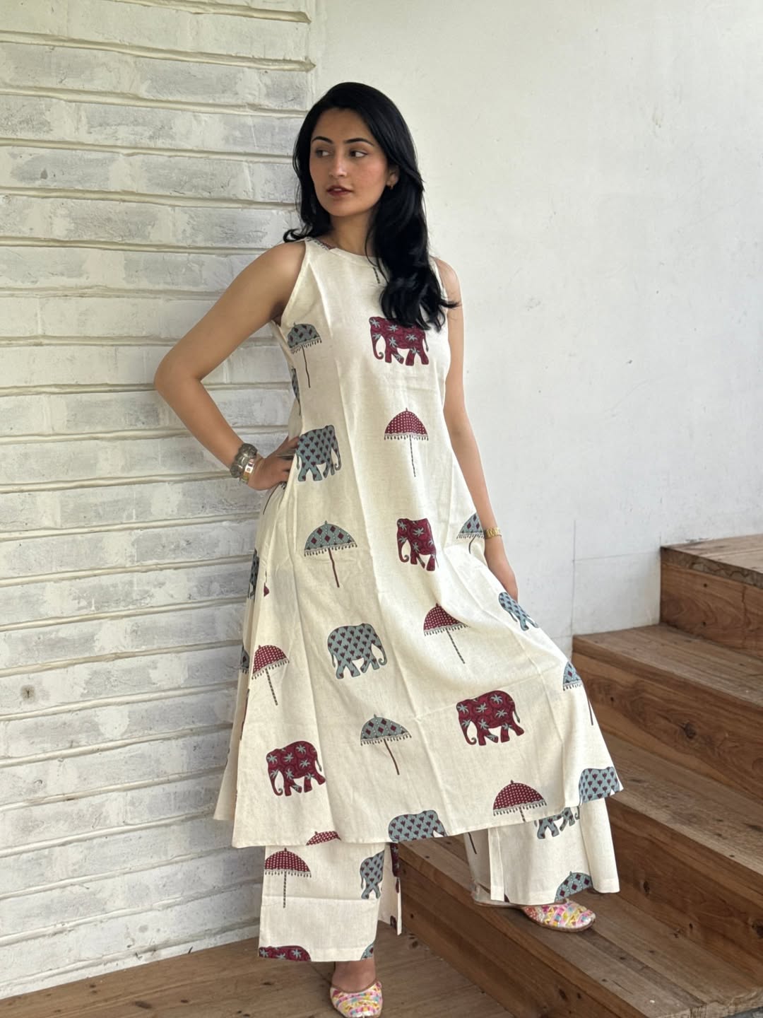 Elephant Hand Block Print A-line Cotton kurta Set