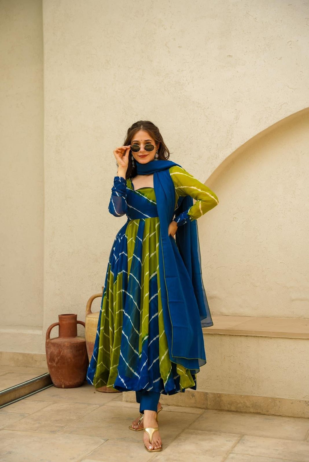 Leheriya Anarkali Suit Set with Dupatta