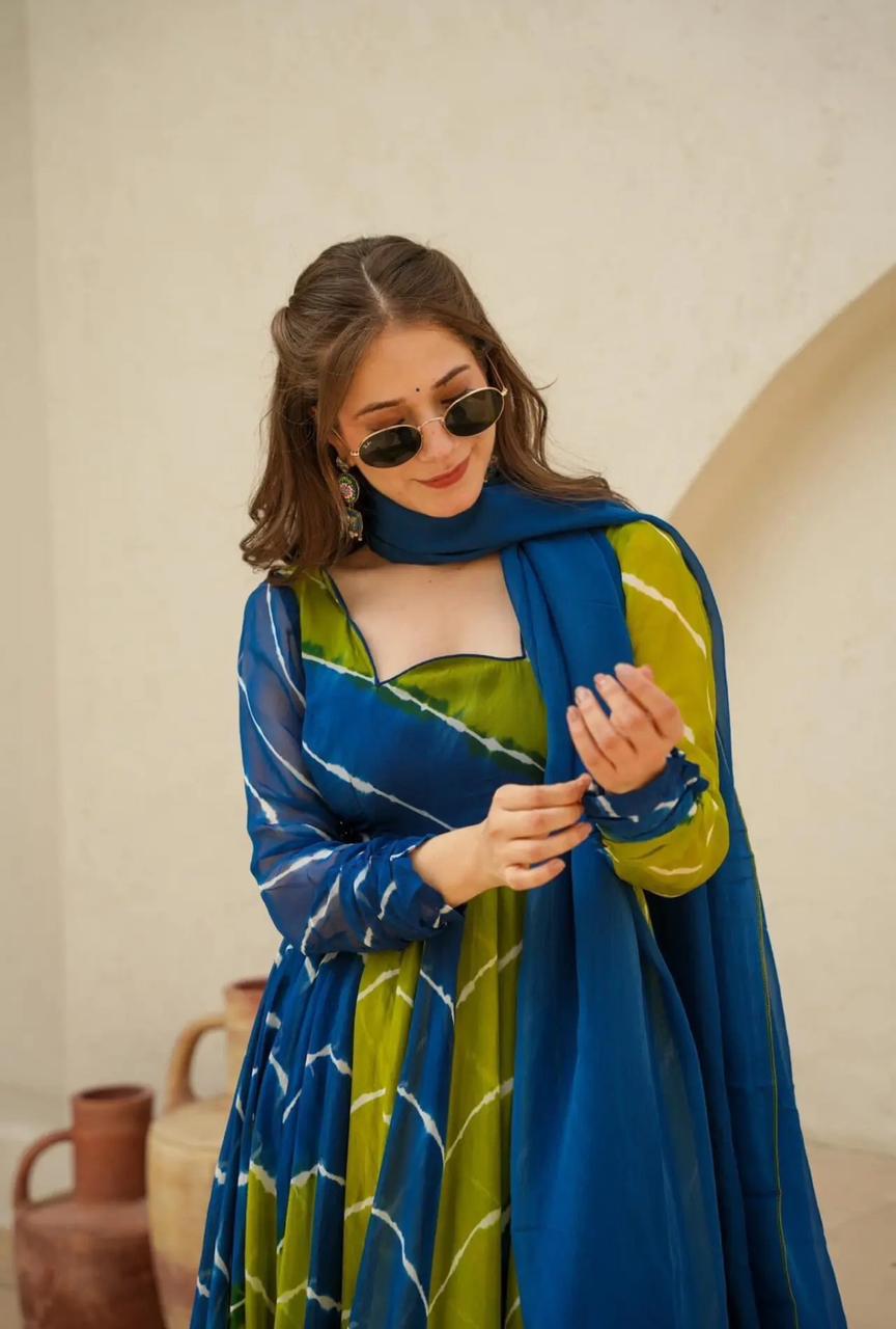 Leheriya Anarkali Suit Set with Dupatta