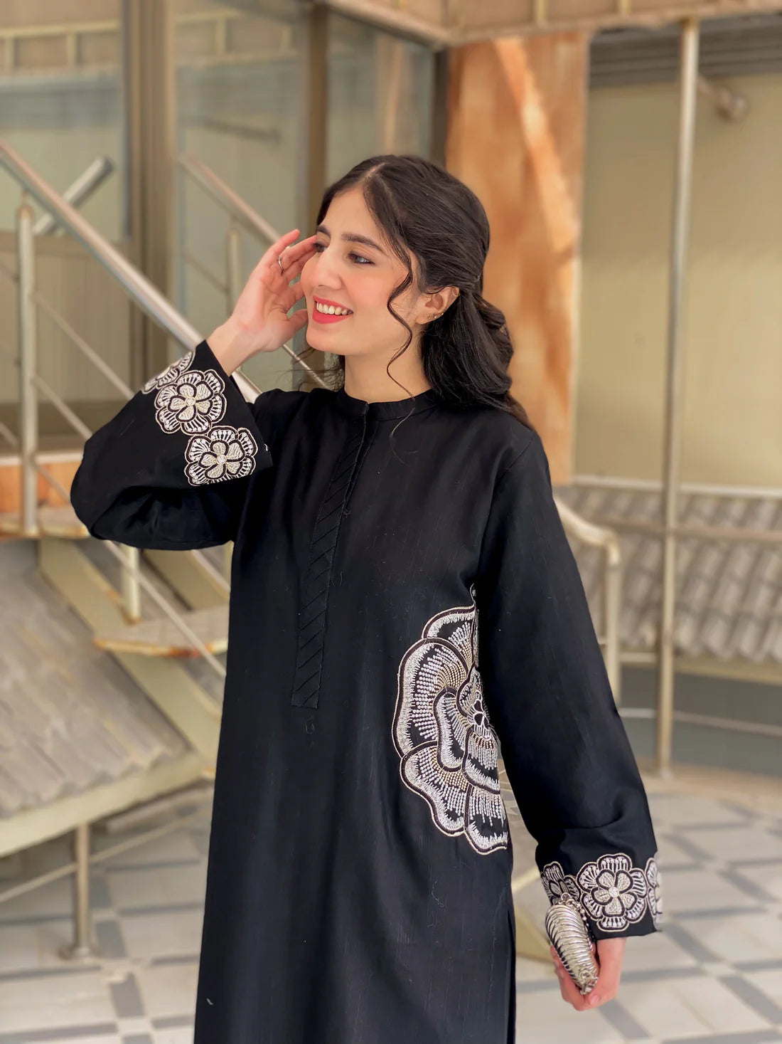 Floral Hand Work Black Cotton Kurta Set