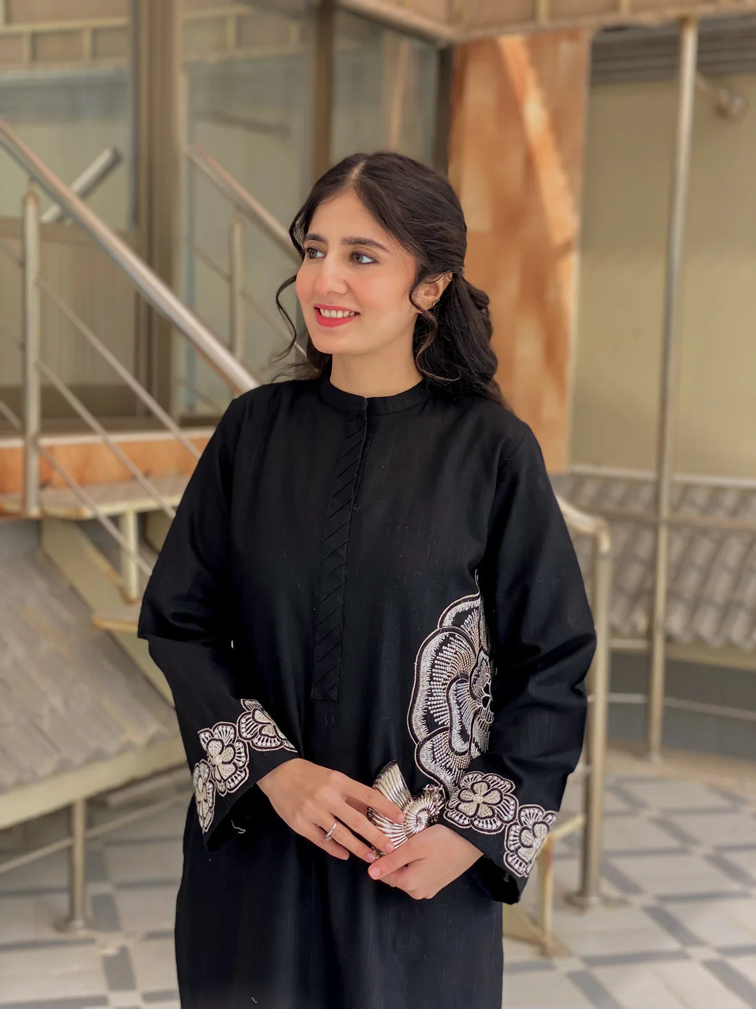 Floral Hand Work Black Cotton Kurta Set