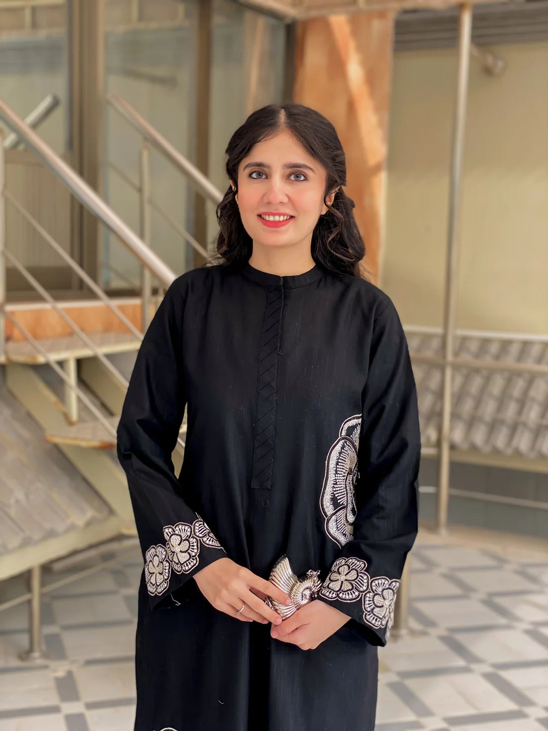 Floral Hand Work Black Cotton Kurta Set