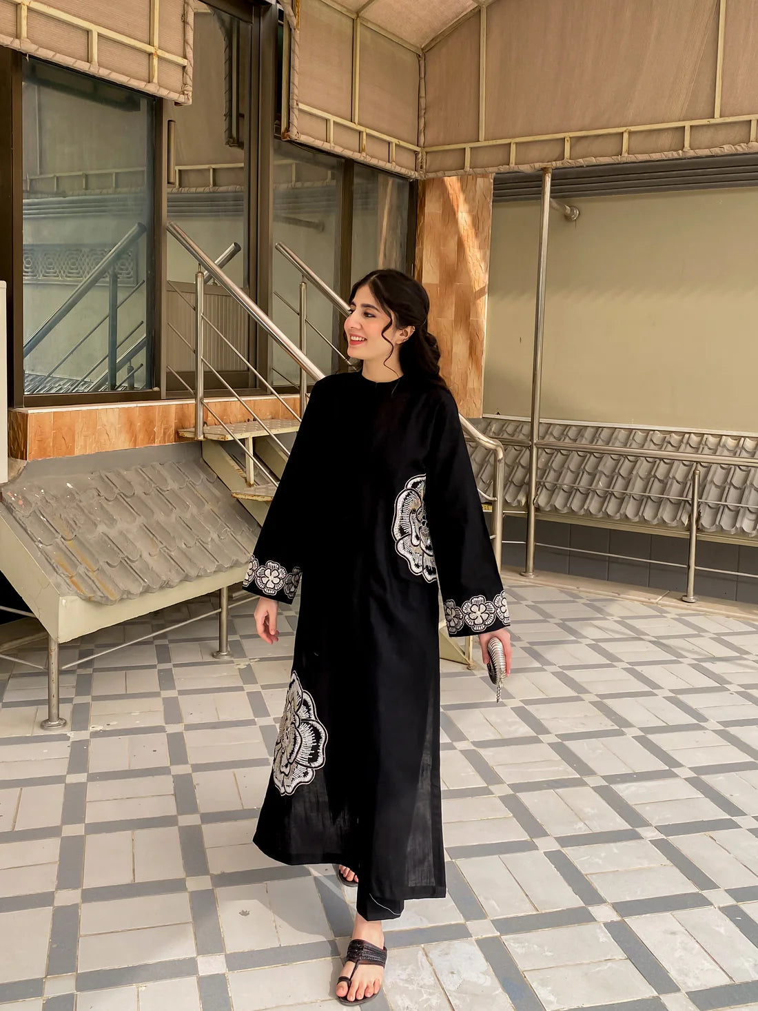 Floral Hand Work Black Cotton Kurta Set