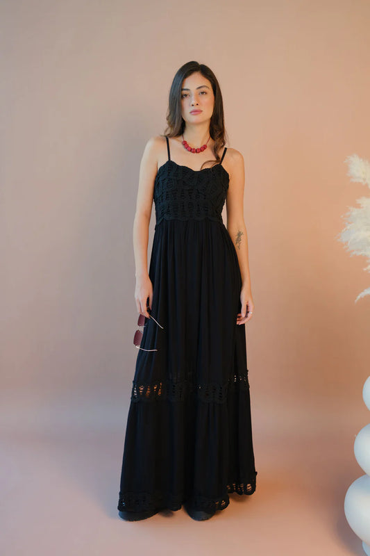 Nira Cotton Maxi Dress Strappy Lace Style