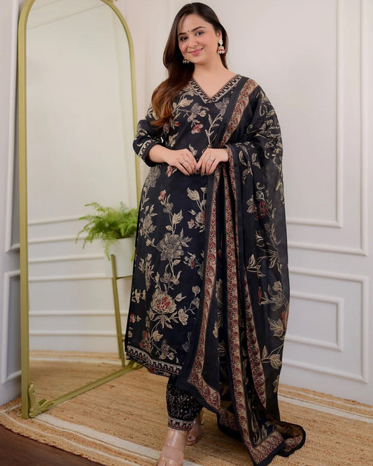 BLACK FLORAL COTTON AFGHANI SUIT