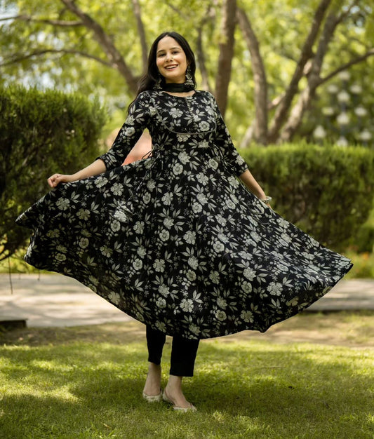 Cotton Floral Black Printed Anarkali Suit Set