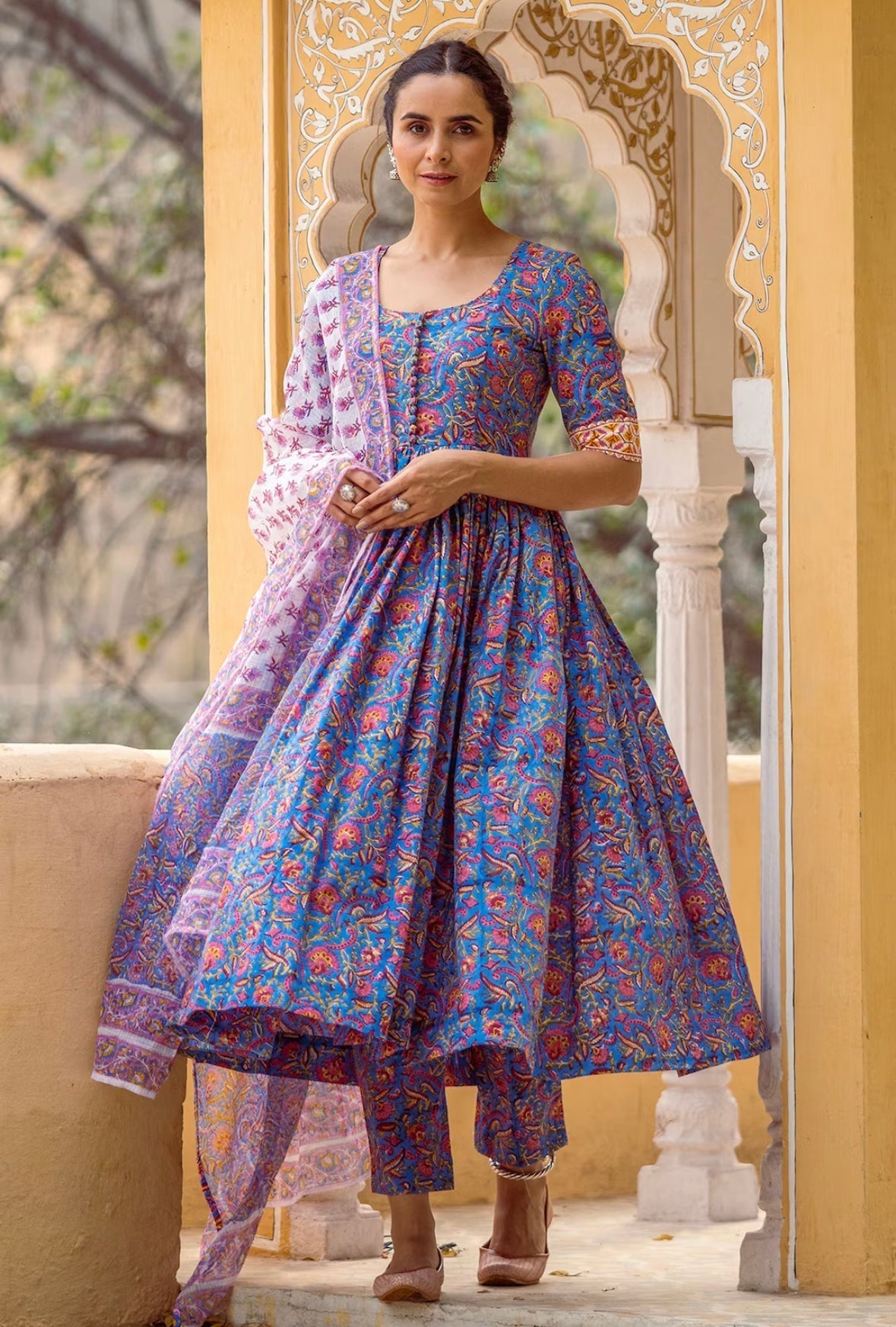 BLUE HAND BLOCK ANARKALI SET