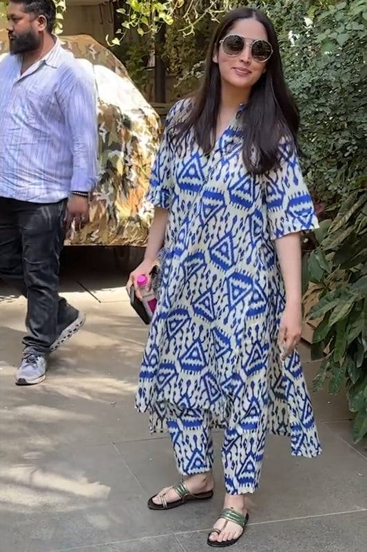 Blue Cotton Ikat High-Low Kurta Pant Set