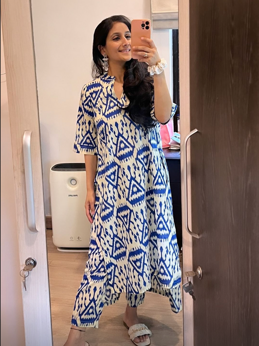 Blue Cotton Ikat High-Low Kurta Pant Set