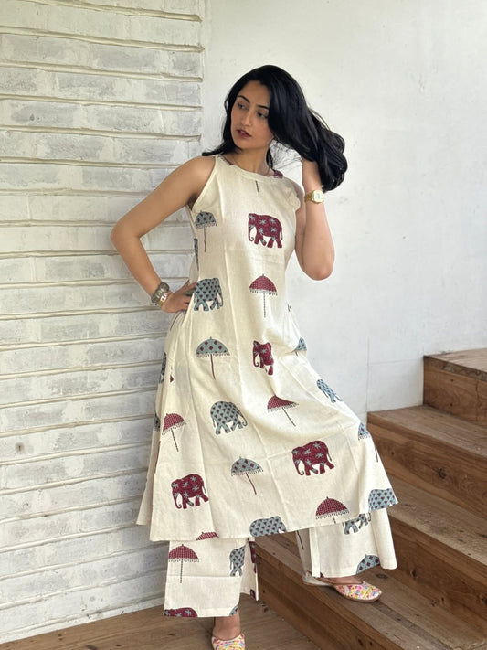 Elephant Hand Block Print A-line Cotton kurta Set