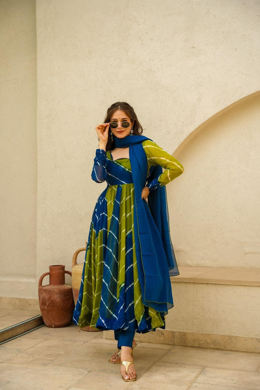 Leheriya Anarkali Suit Set with Dupatta
