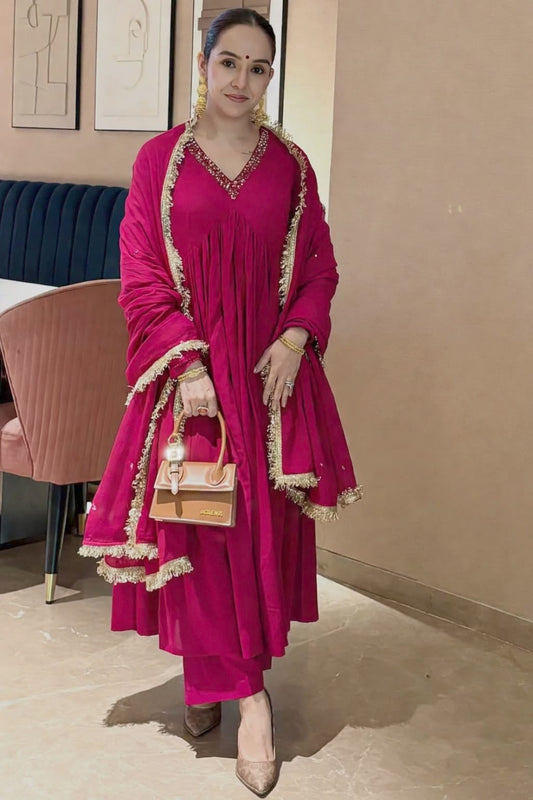 Mul Cotton Hand Work Anarkali with Churi Sleeves Set of 3