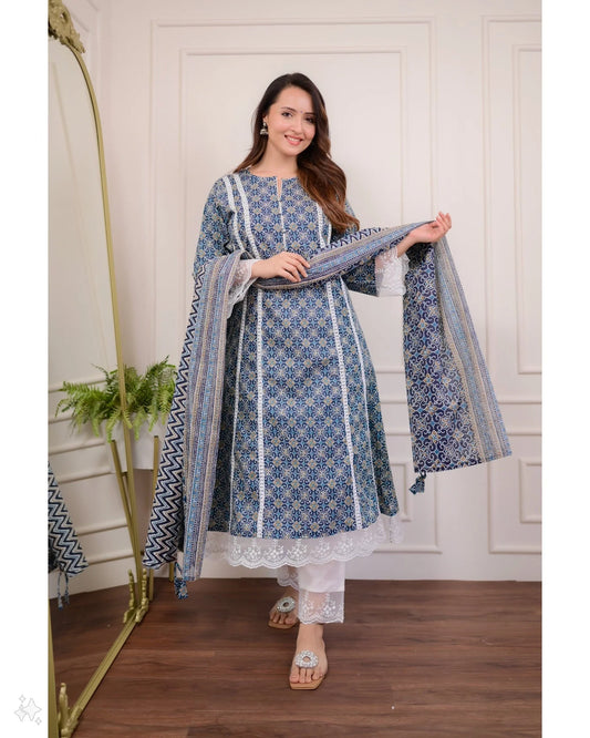 Pakistani Cotton Kurti Set with Malmal Dupatta